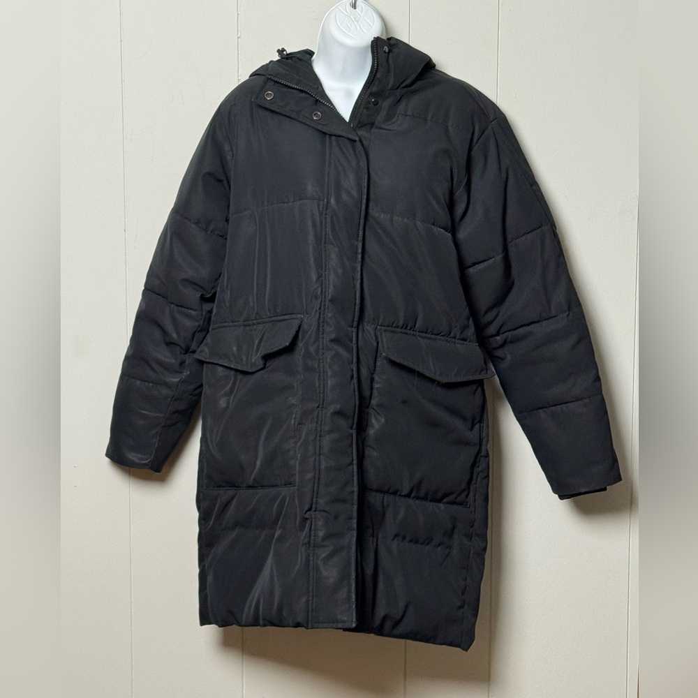 Everlane Women Black Hooded Puffer Jacket w Internal Belt and Elastic Cuffs Sz S